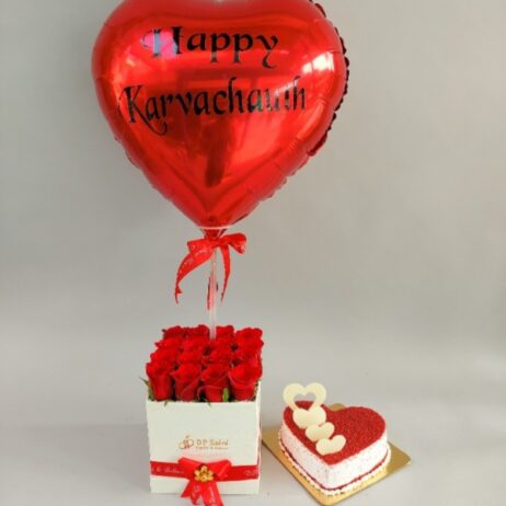 Rose Box with Red Velvet Cake & Foil Balloon – Perfect Karwa Chauth Gift