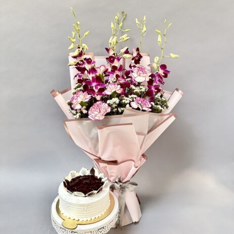 Buy Orchid & Carnation Bouquet with Blueberry Cake