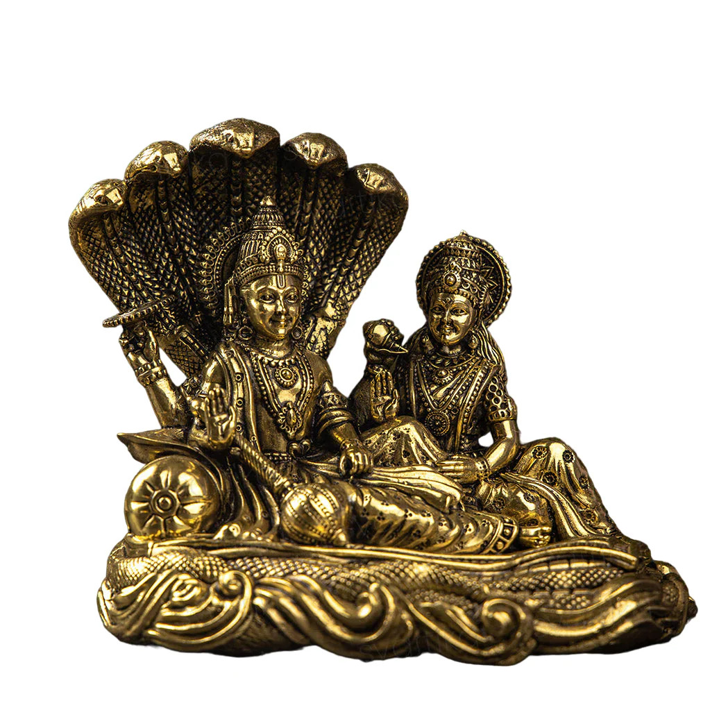 Brass Narayana/Vishnu Lakshmi on Ananta-Sajya | 5.5″ Idol Exquisitely Detailed Idol for Home Mandir | Lakshmi Vishnu Ji Sitting On Sheshnag for Home Temple Diwali Puja