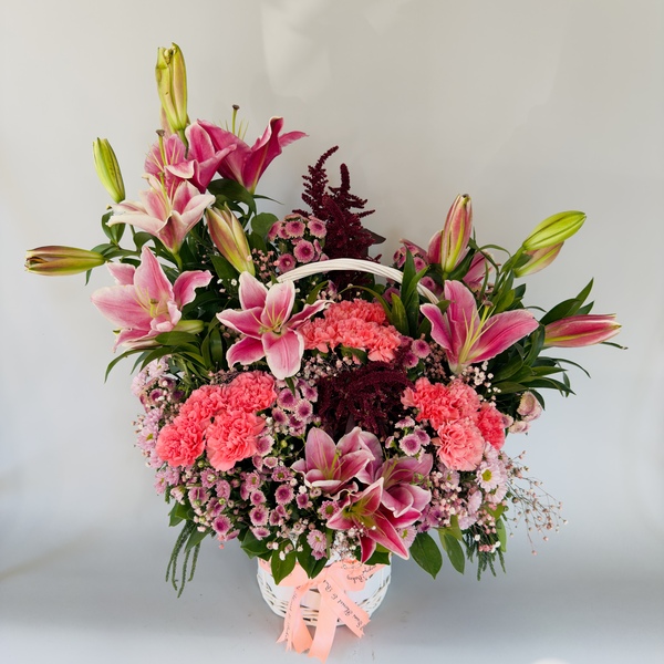 Exotic Mix Flower Basket – Fresh Carnations, Lilies & Daisies in Jute Basket