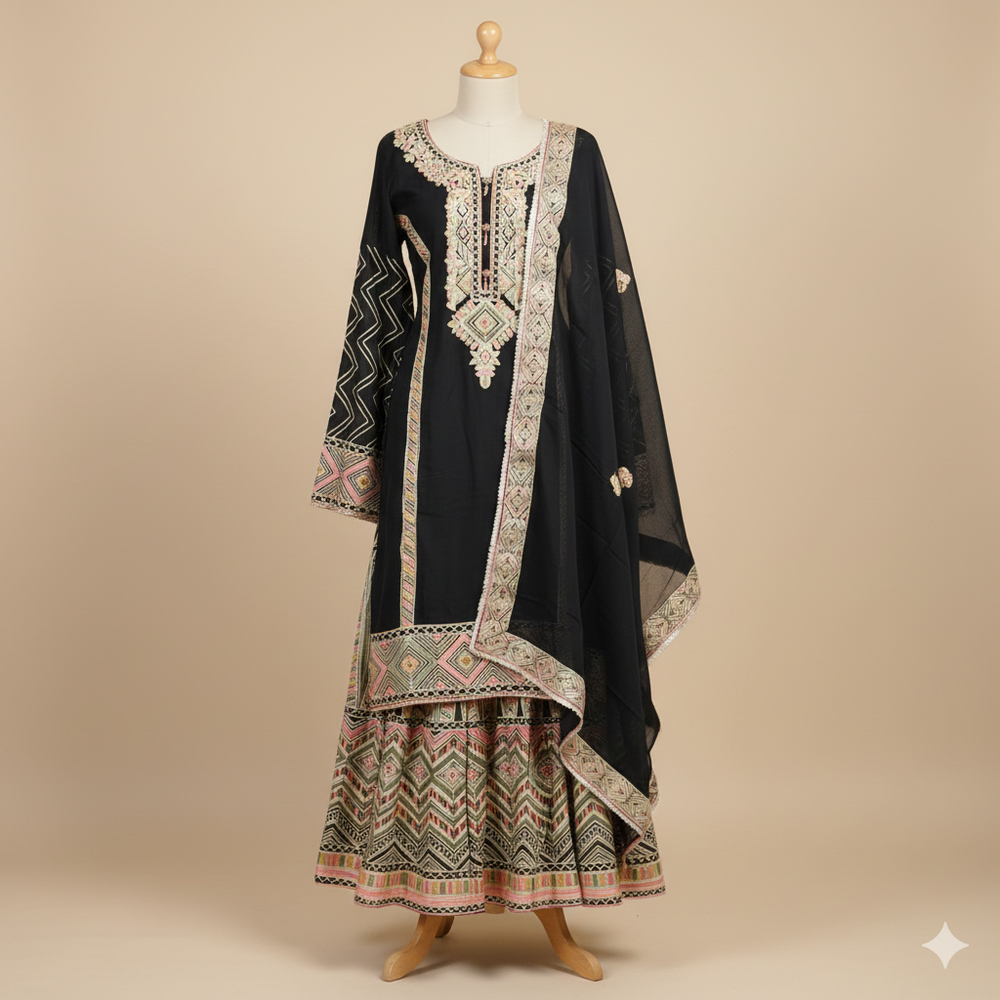 Black Semi Stich Suit with Skirt