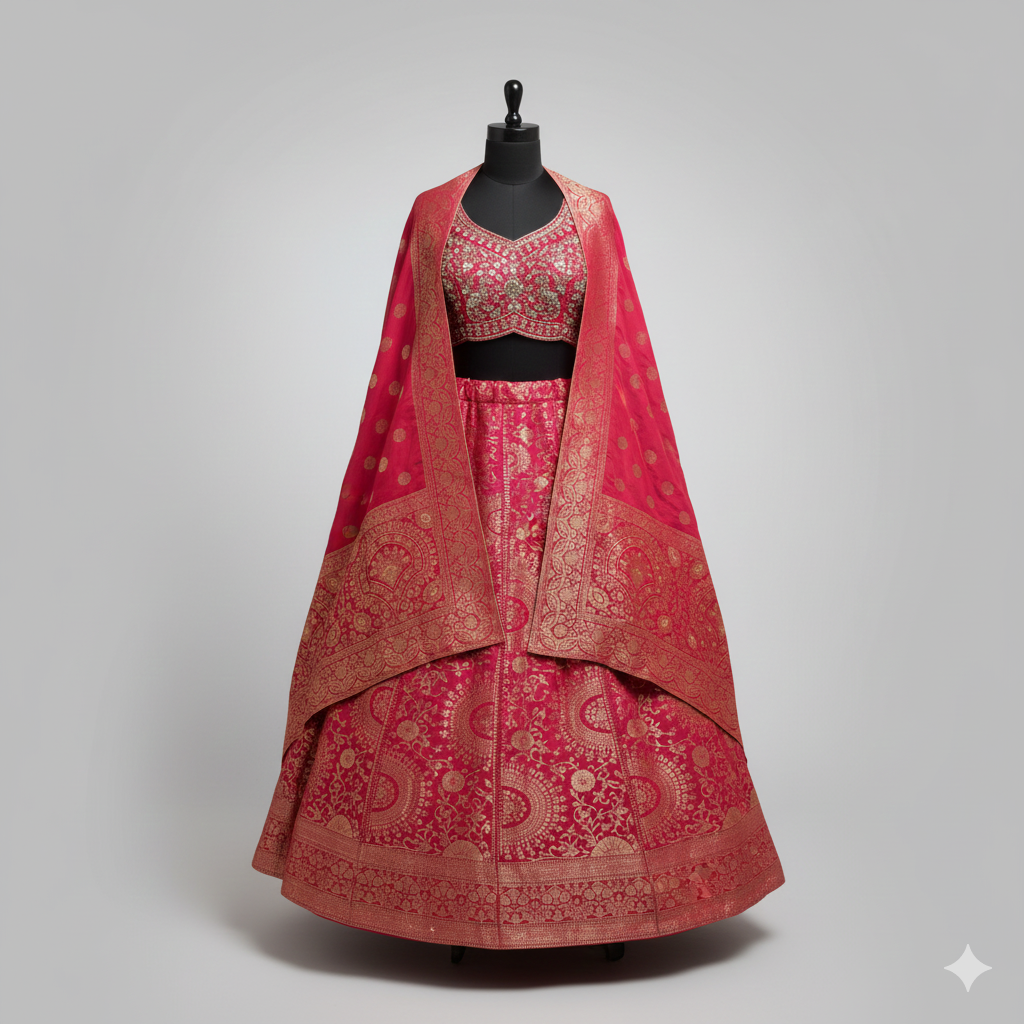 Magneta Banarasi Silk Crop-Top with Skirt