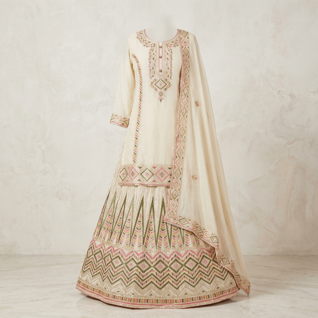 Off White Semi Stich Suit with Skirt