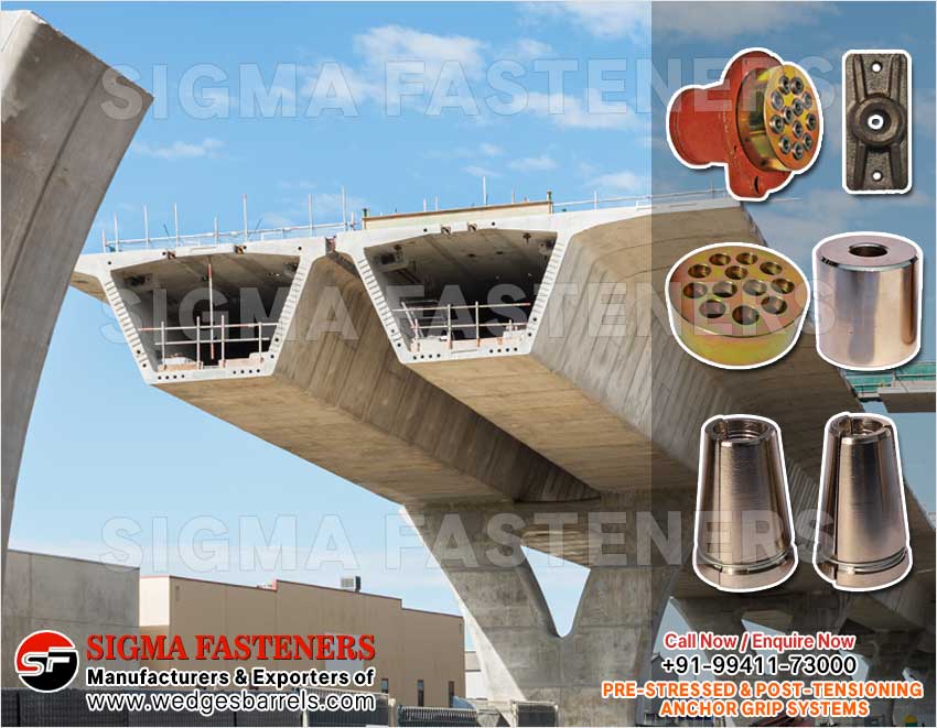 Post Tensioning wedges and barrels, pre stressed anchor grip system, anchor heads plates manufacturers exporters in India UAE Spain Oman Bangladesh South Africa Kuwait