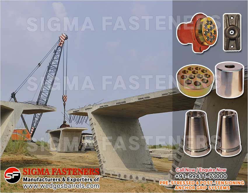Post Tensioning wedges and barrels, pre stressed anchor grip system, anchor heads plates manufacturers exporters in India UAE Spain Oman Bangladesh South Africa Kuwait