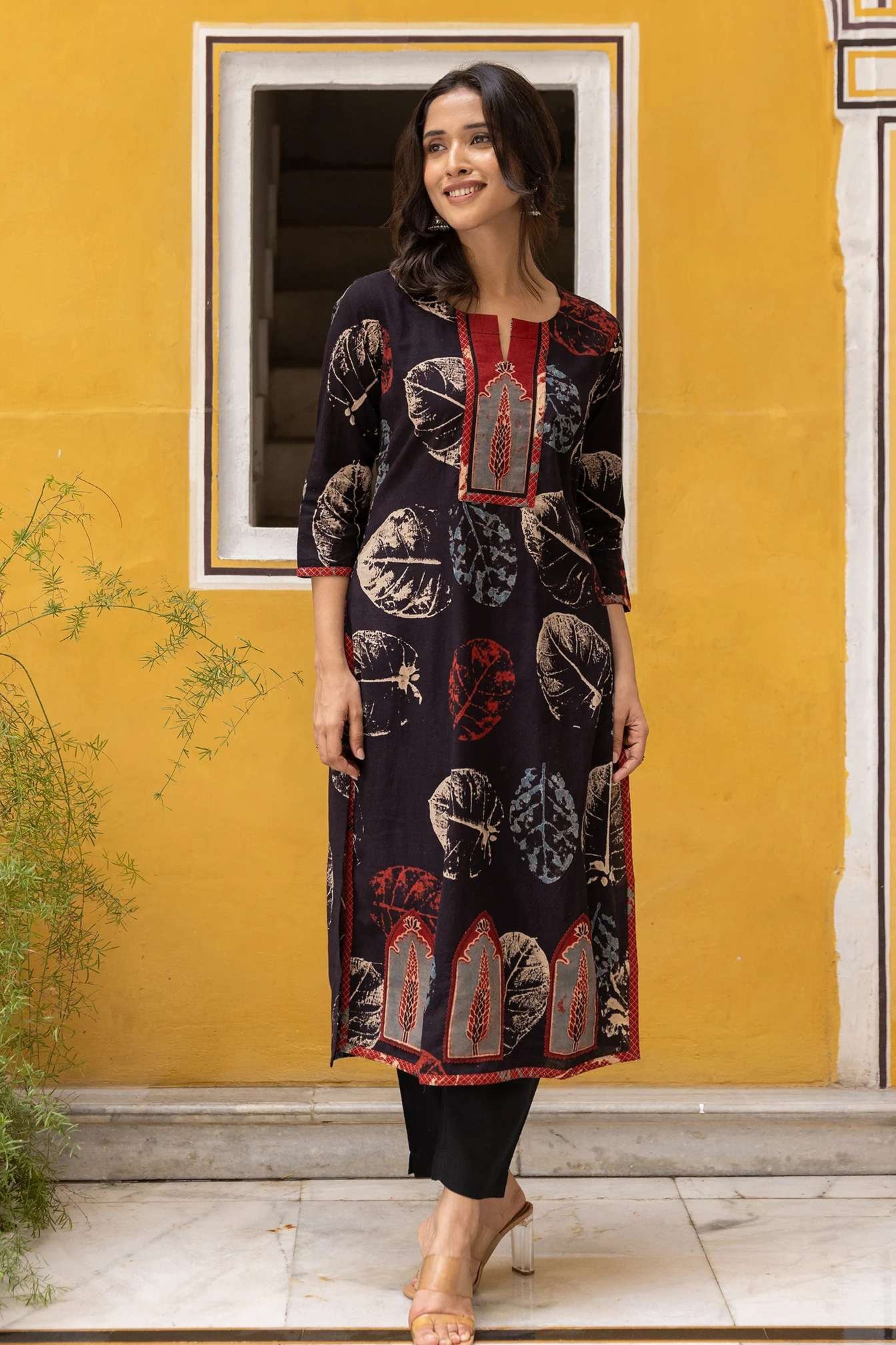 Ajrakh Black Abstract Print Kurta with Patchwork